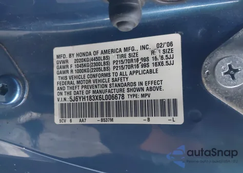 2006 Honda Element Lx из США, поврежденный, VIN 5J6YH183X6L006678